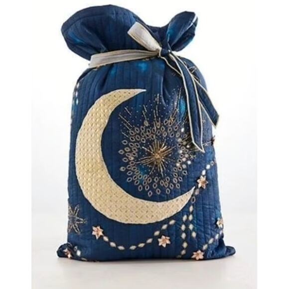 NEW Free People One Perfect Present Gift Sack Blue Crescent Embroidered